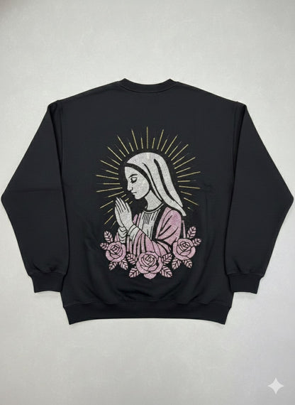 SIEMPRE BENDECIDA - PINK VIRGIN RHINESTONES - BLACK CREWNECK