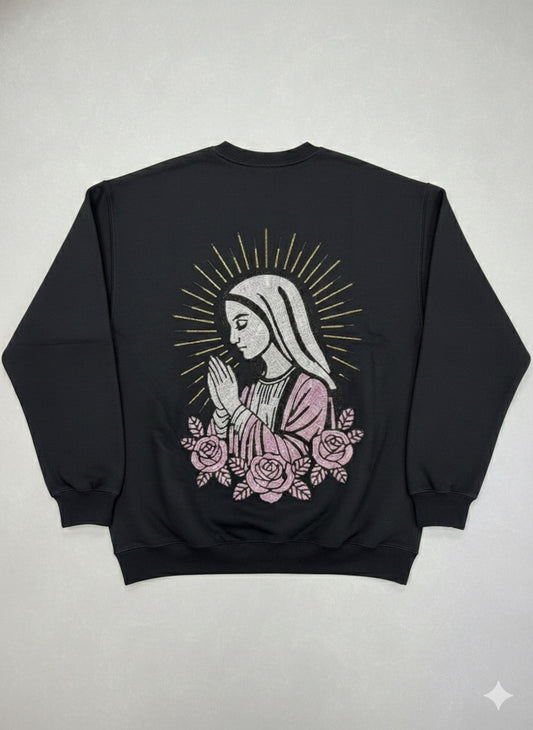 SIEMPRE BENDECIDA - PINK VIRGIN RHINESTONES - BLACK CREWNECK