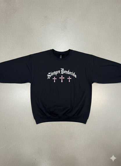 SIEMPRE BENDECIDA - PINK VIRGIN RHINESTONES - BLACK CREWNECK