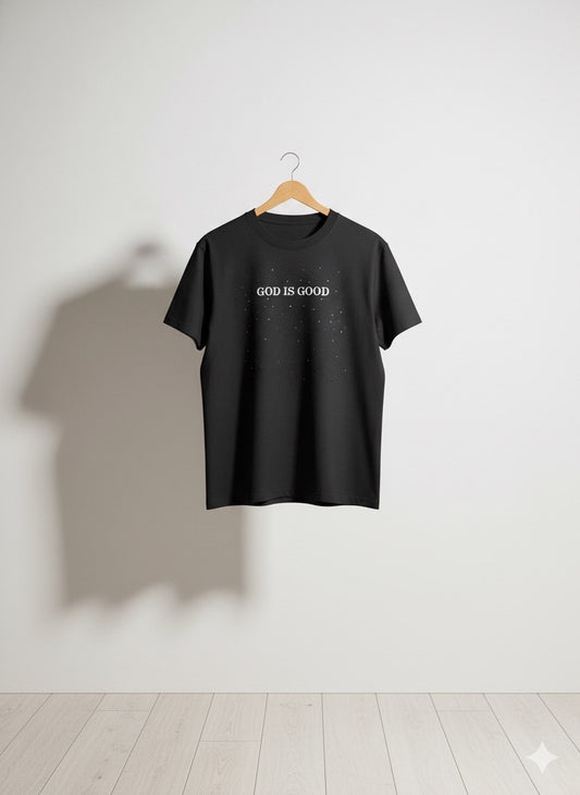 GOD IS GOOD - BLACK T- SHIRT EMBROIDERED / RHINESTONES