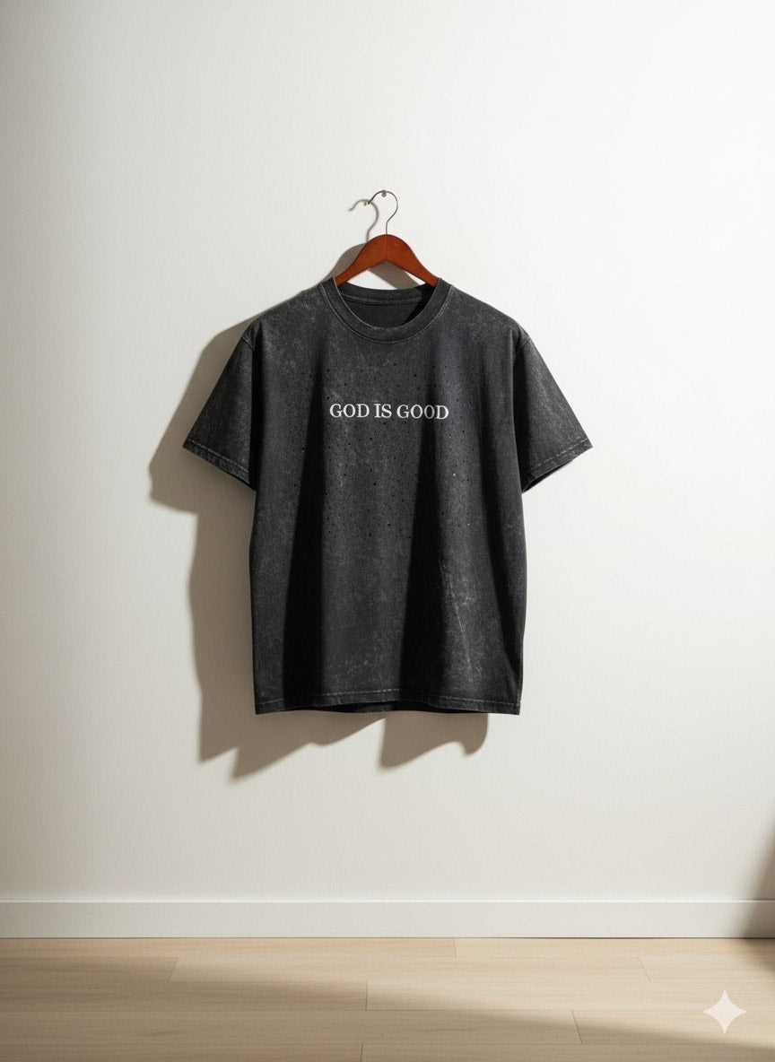 ACID WASH TSHIRT- GOD IS GOOD - UNISEX - EMBROIDERED / RHINESTONES T-SHIRT