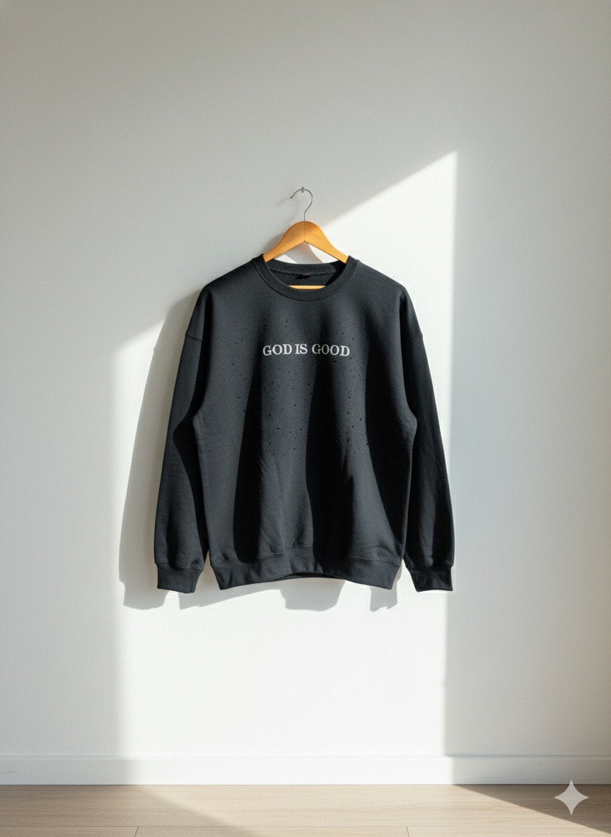BLACK CREWNECK SWEATSHIRT - GOD IS GOOD - EMBROIDERED / RHINESTONES - UNISEX