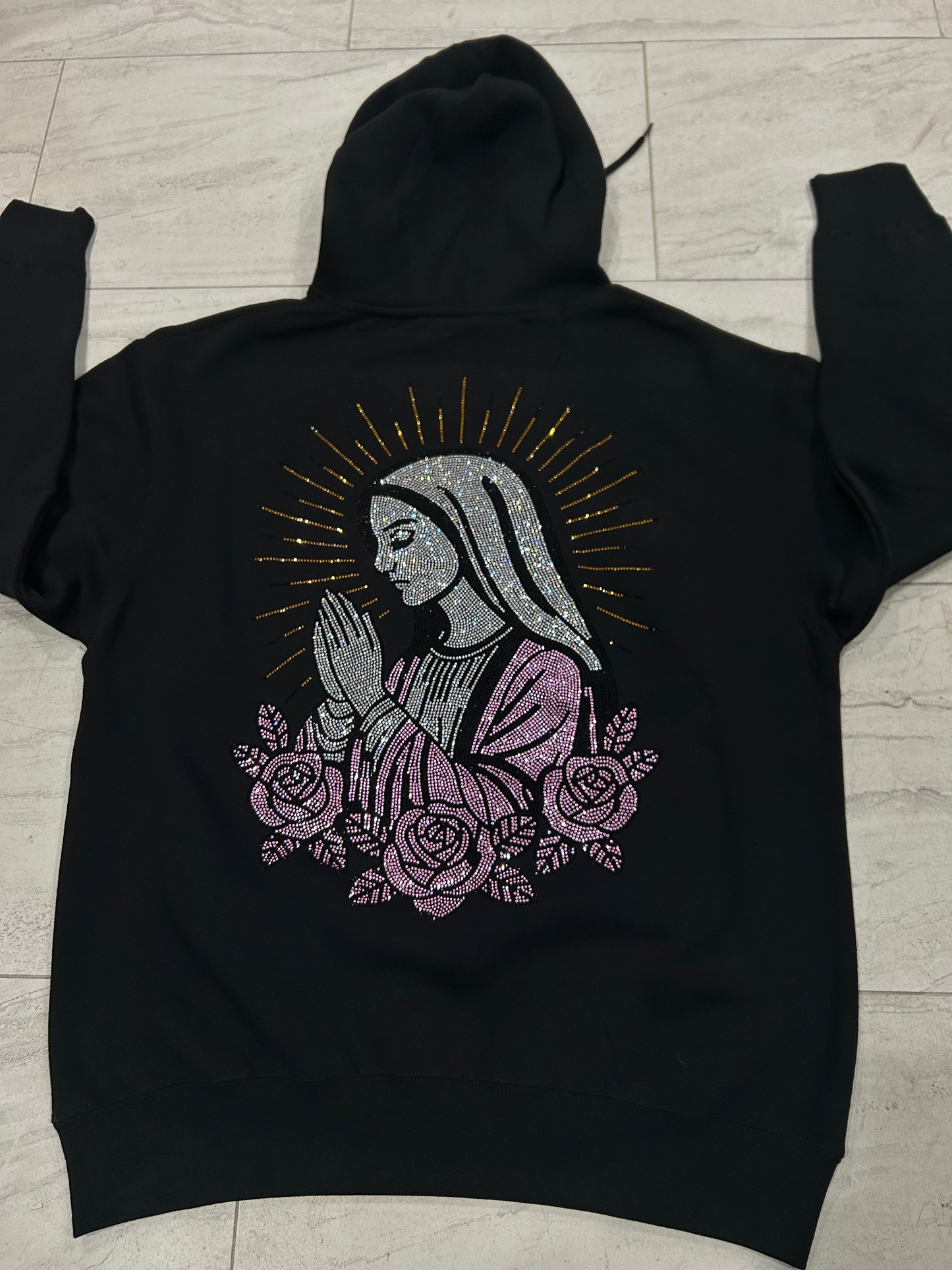 SIEMPRE BENDECIDA - PINK VIRGEN - UNISEX BLACK HOODIE  ( PINK RHINESTONES)