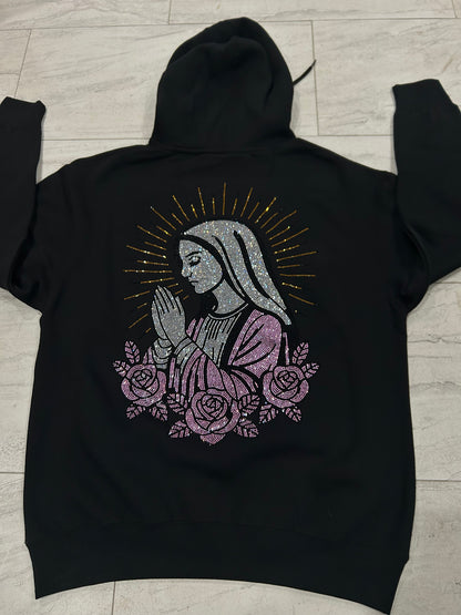 SIEMPRE BENDECIDA - PINK VIRGEN - UNISEX BLACK HOODIE  ( PINK RHINESTONES)
