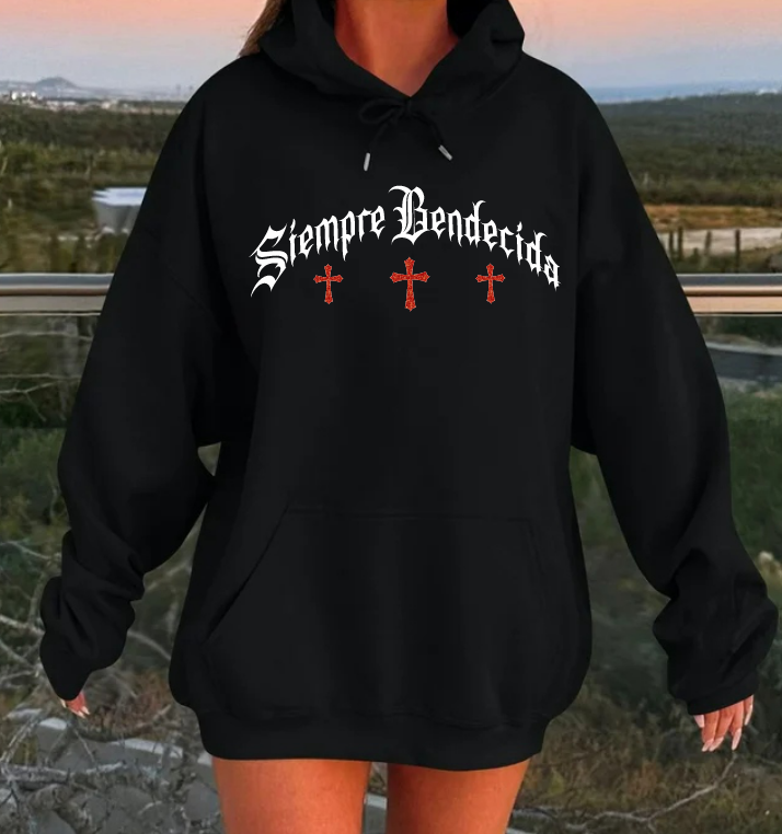 SIEMPRE BENDECIDA - RHINESTONES - UNISEX - BLACK HOODIE