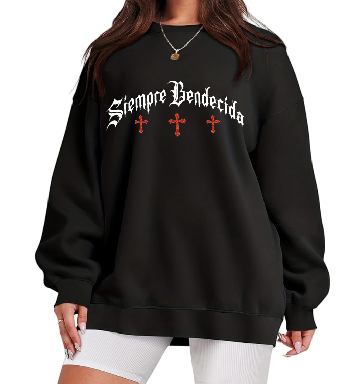 SIEMPRE BENDECIDA - RHINESTONES - UNISEX - BLACK CREWNECK