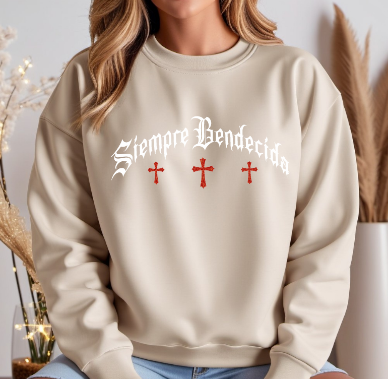 SIEMPRE BENDECIDA - RHINESTONES - UNISEX - SAND CREWNECK
