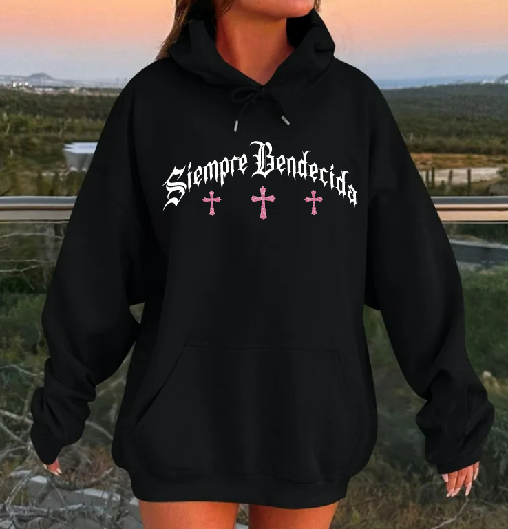 SIEMPRE BENDECIDA - PINK VIRGEN - UNISEX BLACK HOODIE  ( PINK RHINESTONES)