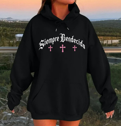SIEMPRE BENDECIDA - PINK VIRGEN - UNISEX BLACK HOODIE  ( PINK RHINESTONES)
